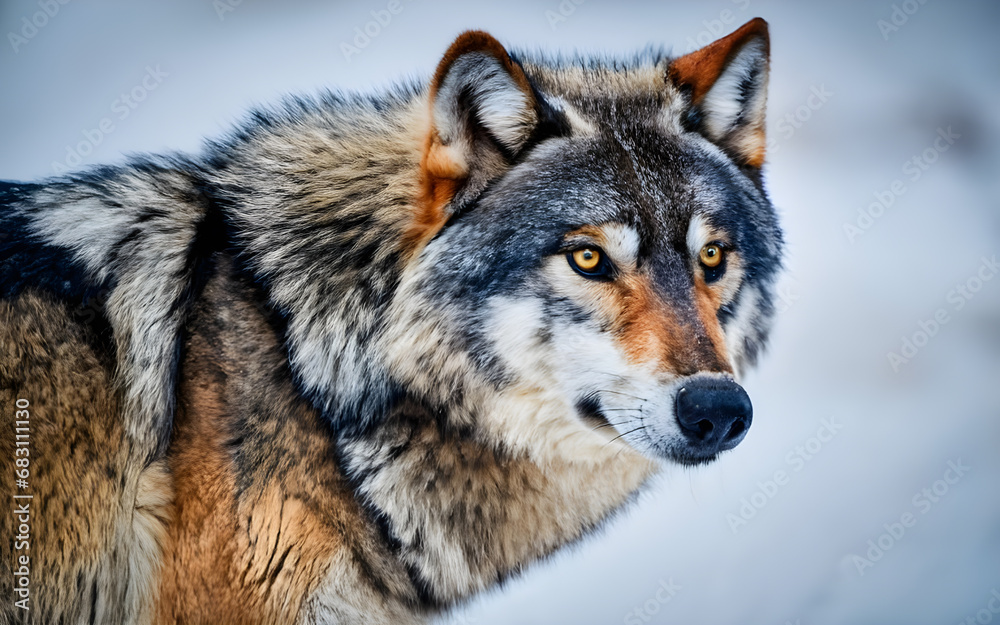 Solitude Serenity, Majestic Lone Wolf atop a Snow-Kissed Summit Solitude Serenity, Majestic Lone Wolf atop a Snow-Kissed Summit