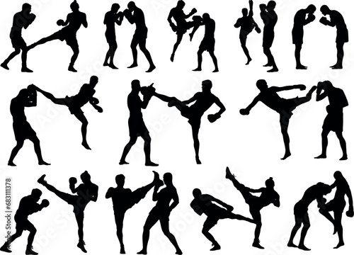 Couple thai boxing martial art silhouettes, black vector illustration design on white background 
