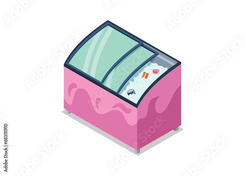 Ice cream refrigerator in isometric view. Simple flat illustration.