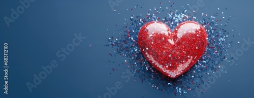 Horizontal banner for Valentine's Day on a red heart blue background with sparkles bright glitter