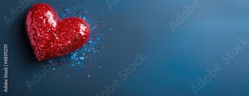 Horizontal banner for Valentine's Day on a red heart blue background with sparkles bright glitter photo