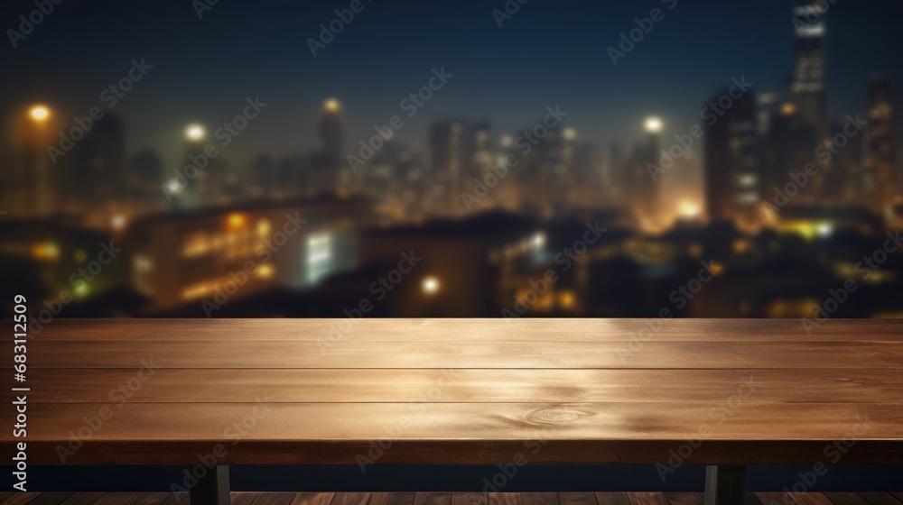 .empty table dark top with blur background of town, Advertisement, Print media, Illustration, Banner, for website, copy space, for word, template, presentation