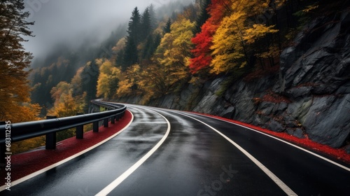 riving on the motorway on a dark moody day with autumn colorful leaves, road, travel, asphalt, highway, car, mountain, fog, transportation, nature, forest, traffic