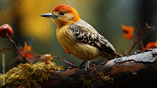 Woodpecker Sitting on a Log, A Feathered Guardian Amidst Nature's Tapestry, Capturing the Essence of Tranquil Wilderness