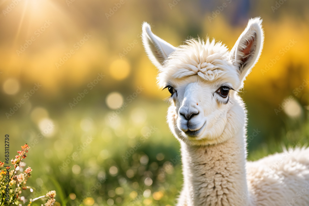 Obraz premium cute llama or llama cub in the grass field farm, with beautiful sunrise or sunset landscape