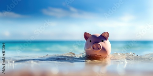 Piggy bank adrift in the blue sea.b
