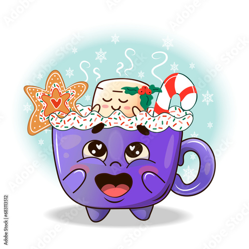 Christmas vector illustration of a with cacao mug in love with marshmallow with black outine and blue backgraund with snowflakes. Suitable for Christmas, New Year design. cozy winter. Valentines Day.