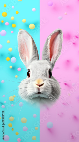 Easter bunny and eggs on pastel blue and pink background, easter greeting card with copy space for text
