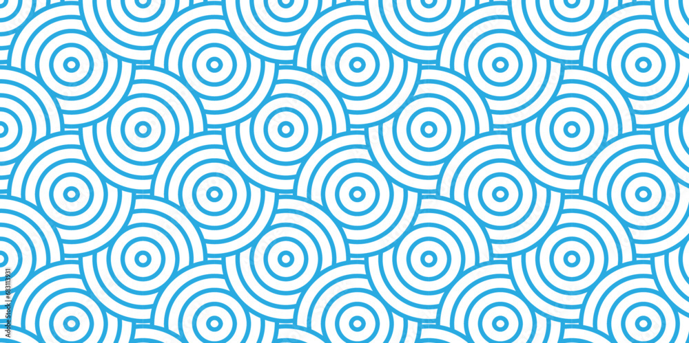 Modern geometric ocean spiral pattern and abstract circle wave lines. blue seamless tile stripe geomatics overlapping create retro square line backdrop pattern background. Overlapping Pattern.