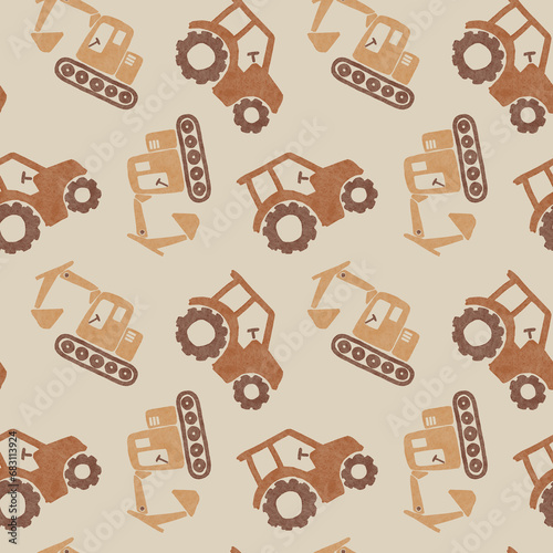 Excavator and tractor cute trucks seamless pattern illustration for baby and kids clothes, nursery design