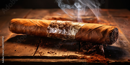 A cigar lying on a brown wooden table.