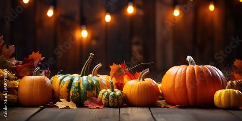 Wooden table adorned with pumpkins and autumn foliage.