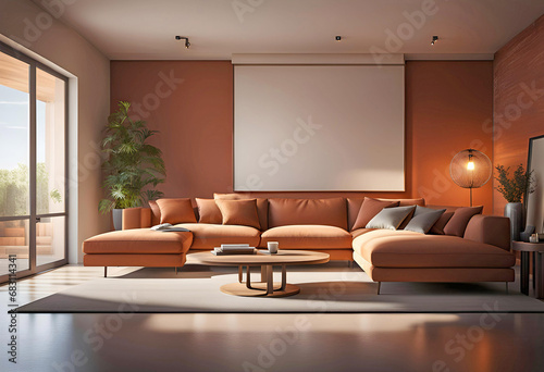 modern room design with white sofa and terracotta pillows and blanket, cozy calm atmosphere of a beautiful home, modern space design,