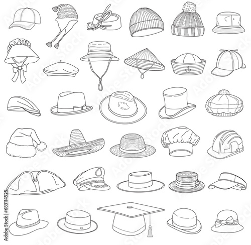 Hand drawn set different types hats Isolated on White Background