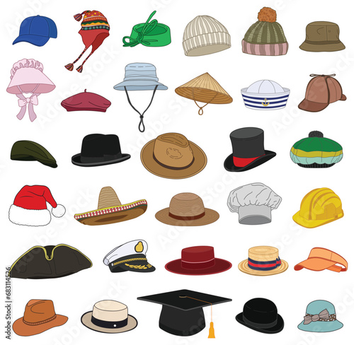 set different types hats Isolated on White Background