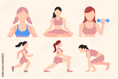 Women doing sports flat vector icons