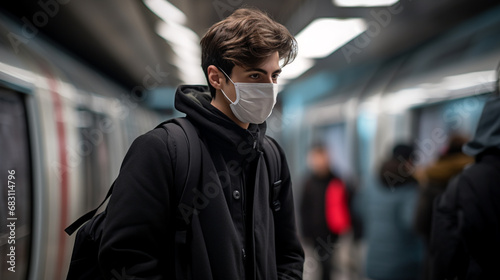 man wearing a protective covid mask in the metro, AI Generative.