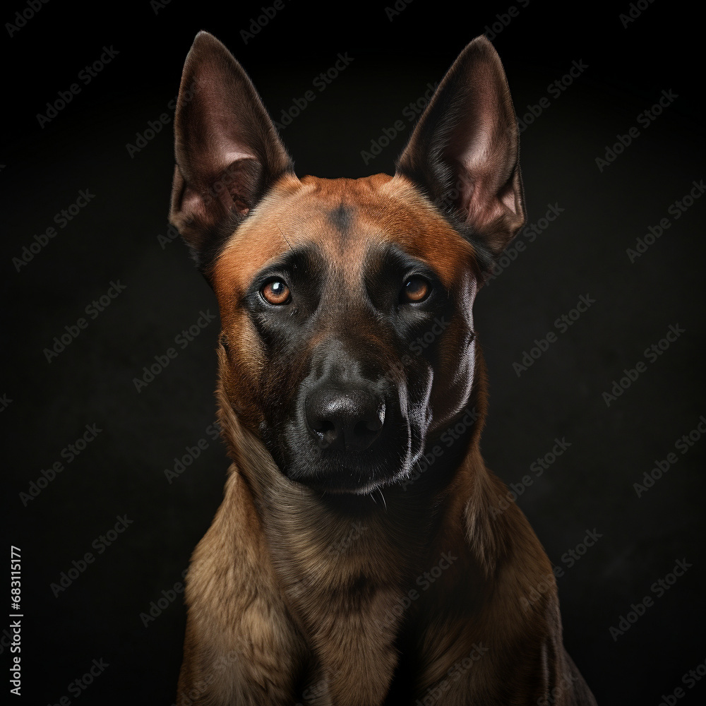 A Belgian Malinois dog on a black background