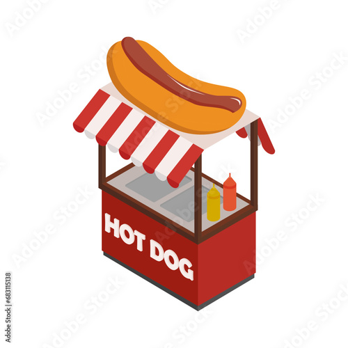 Hotdogs stand in isometric projection style design icon. Street fast food concept. Food kiosk illustration. Isolated on white background. Hot-dog shop photo