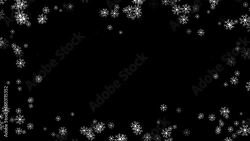 Greeting card Merry Christmas and Happy New Year Video background. Abstract decorative seasonal festive ornament snowflakes falling and copy space. 