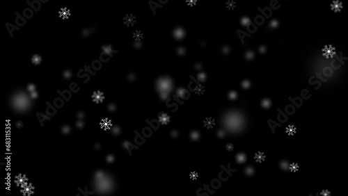 Greeting card Merry Christmas and Happy New Year Video background. Abstract decorative seasonal festive ornament snowflakes falling and copy space.	