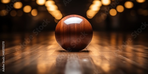 Photo Wooden bowling ball on display in an alley.
