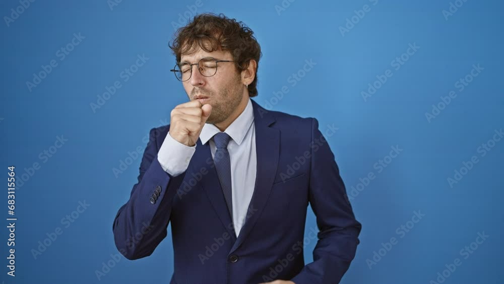 Unwell young man in business suit coughing, signaling cold or bronchitis. health care alert! isolated against a blue background. Unwell young man in business suit coughing, signaling cold or bronchitis. health care alert! isolated against a blue background.