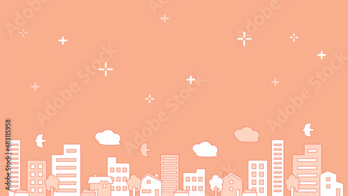 空がキラキラのビルと家が並んだ街並の背景素材