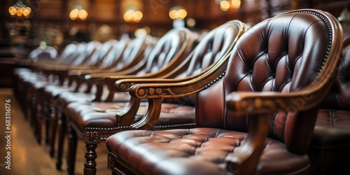 Wooden courtroom featuring black leather seating.