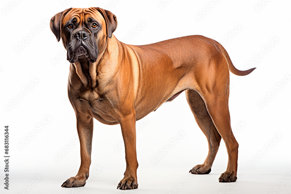 Obraz premium Boerboel dog standing on a white background. Animal left-side portrait.