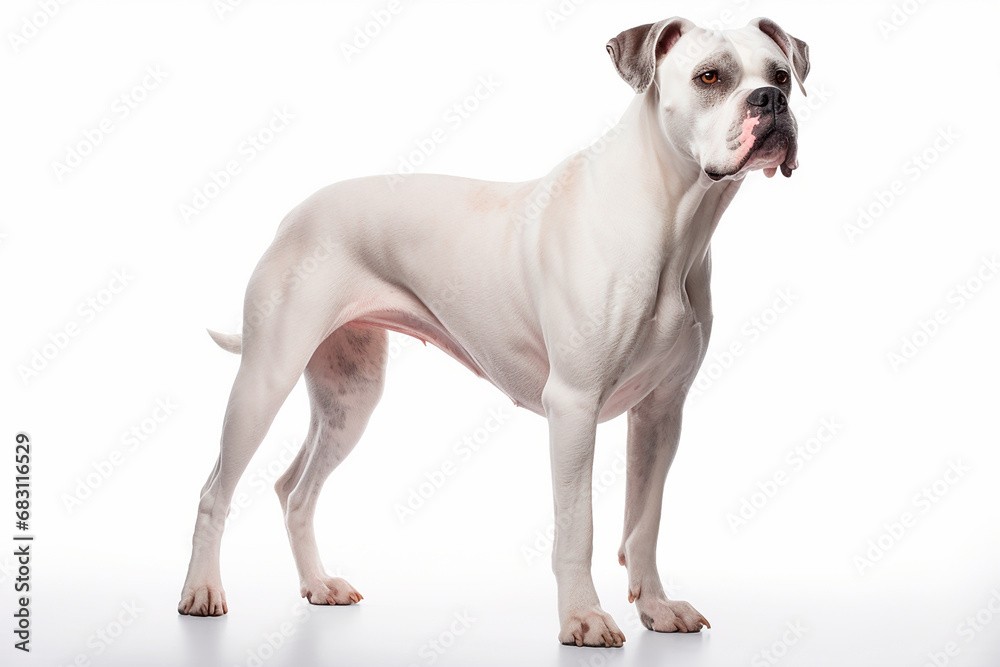 White Boxer dog standing on a white background. Animal right-side portrait. White Boxer dog standing on a white background. Animal right-side portrait.