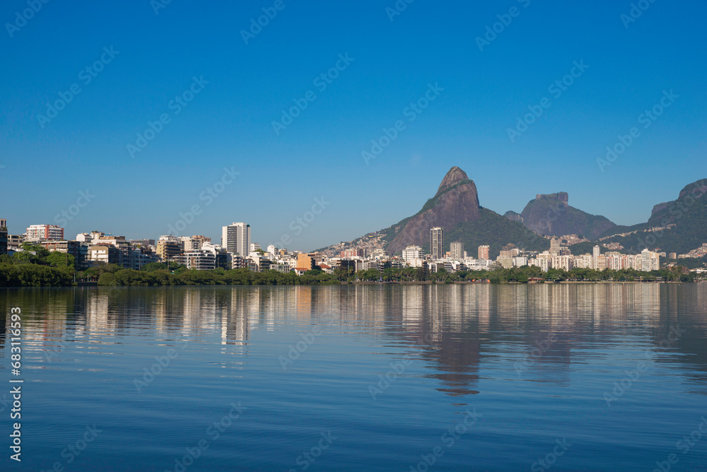 Fototapeta premium Beautiful View of Rio de Janeiro Mountains Reflected in Water of Rodrigo de Freitas Lagoon