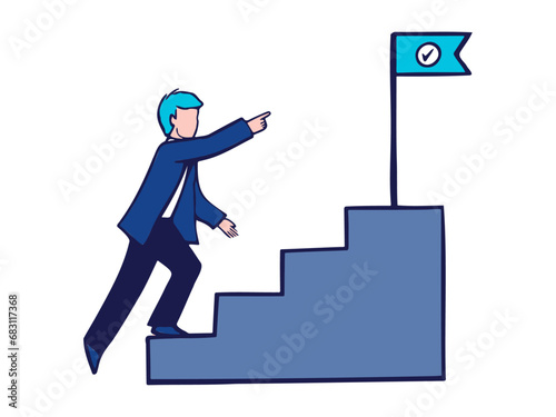 Business man climbing up stairs to achieve his goal. Hand drawn style vector design illustration.