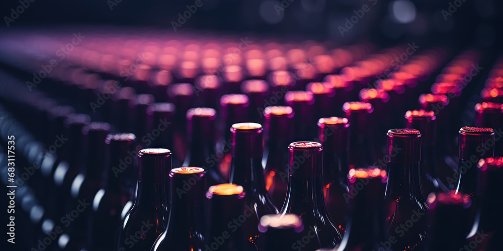 Cellar lined with rows of stored wine bottles. - obrazy, fototapety, plakaty 