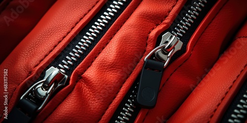 Detailed zoom on a red jacket with black zippers. photo