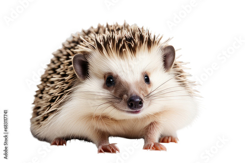a high quality stock photograph of a single cute smiling hedgehog isolated on white background