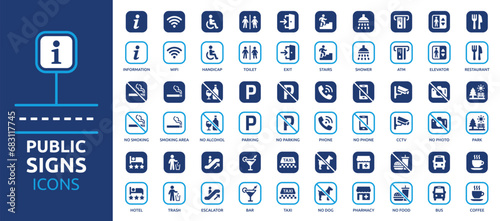 Public signs information icon set. Containing exit, toilet, CCTV, hotel, restaurant, parking, elevator, shower, taxi, bus, bar and more. Solid vector icons collection.