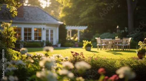 Home   Garden photo     Beautiful manicured  landscaped  exterior modern home and garden area with flowers  using short depth of field photography     flowers  grass  trees  modern house