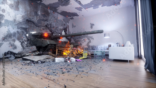 anti-war concept. military tank invaded in house. 3d rendering.