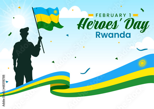 Rwanda Heroes Day Vector Illustration on February 1 with Rwandan Flag and Soldier Memorial who Struggled in National Holiday Cartoon Background
