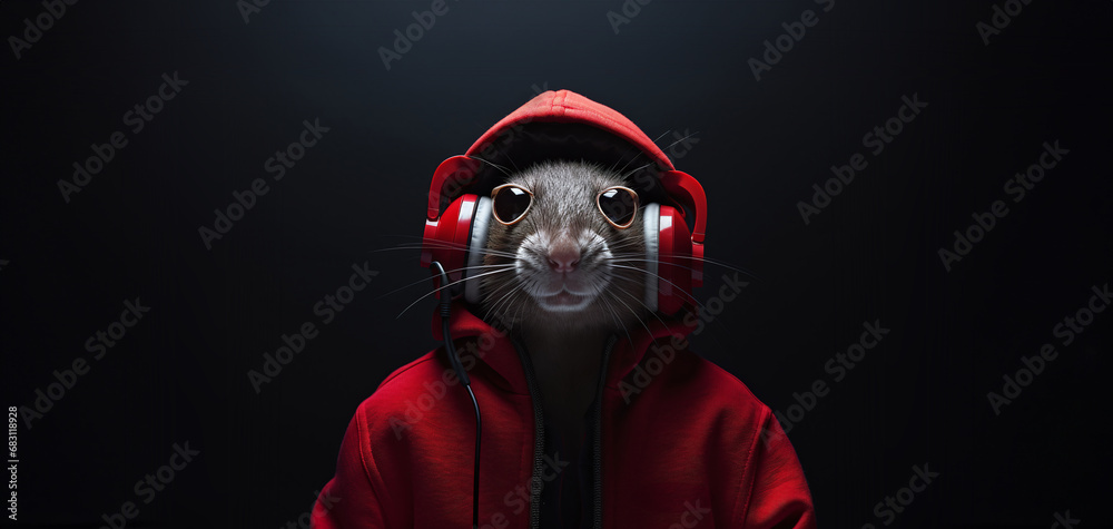 Funny rat in a red hoodie with headphones on a black background Funny rat in a red hoodie with headphones on a black background
