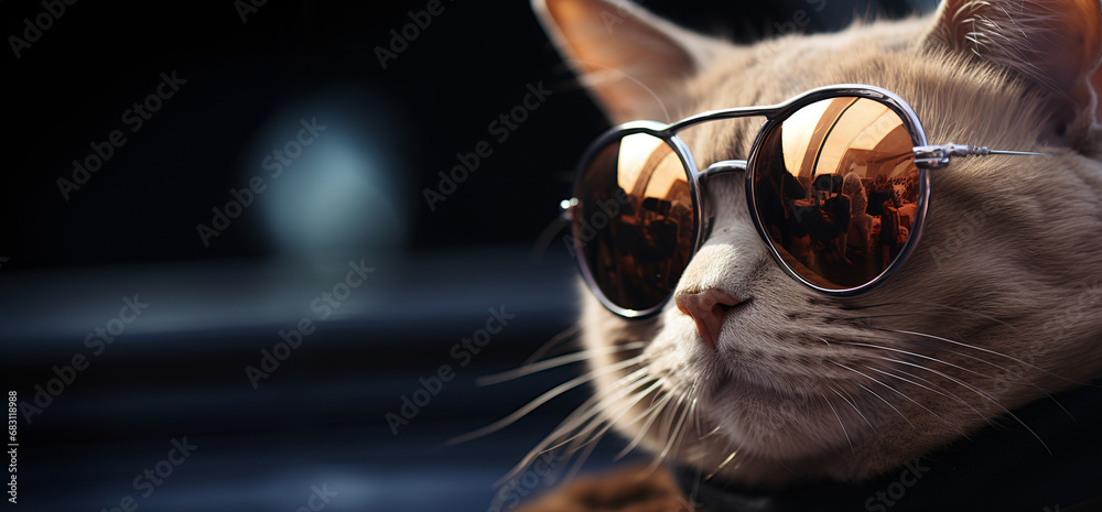 Portrait of a beautiful cat with sunglasses. Selective focus.