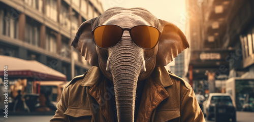 Portrait of an elephant wearing sunglasses on the streets of the city