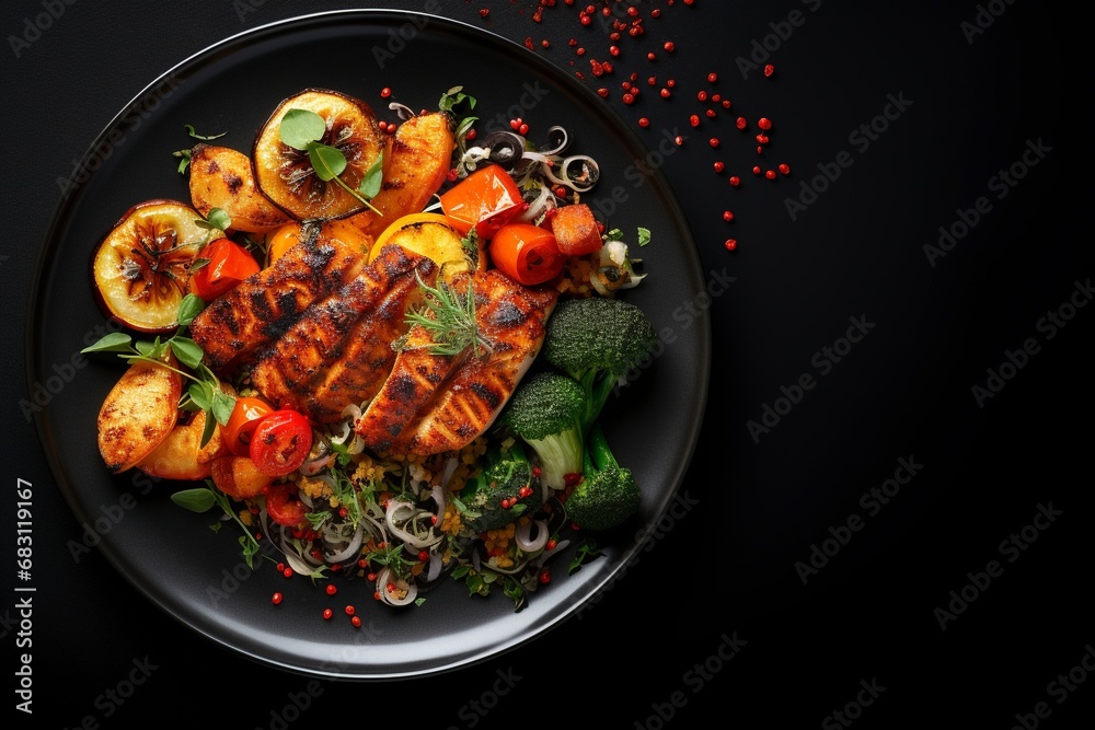 Delicious meal on a black plate, top view, COPY SPACE, generative ai