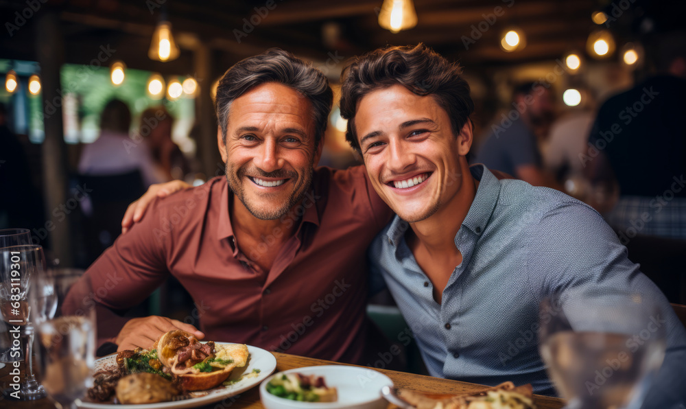 Father and son have a fun time together. Two men hugging are sitting in a restaurant and smiling at the camera