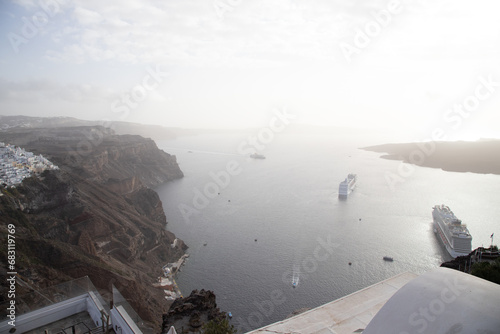 Two cruise ships anchored in Santorini, Greece