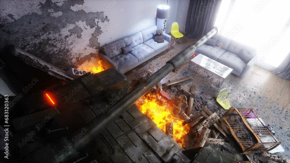 anti-war concept. military tank invaded in house. Realis3d rendering. anti-war concept. military tank invaded in house. Realis3d rendering.