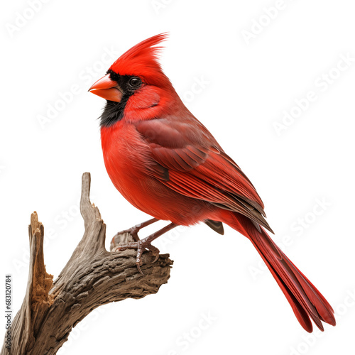 A vivid red cardinal bird perched on a top a tree branch isolated on transparent background © Mrt
