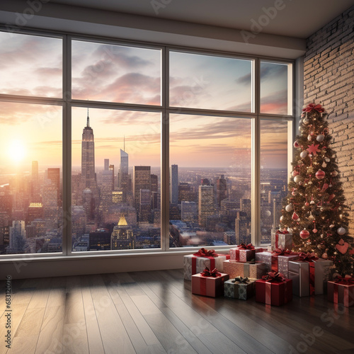 Christmas tree with gifts and a view of New York at sunset from the window. 3D rendering. Merry Christmas and Happy New Year concept. 