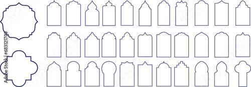 Set Of Blue Line Shape Islamic doors and windows silhouette Arabic arch. Frames in Arabic Muslim design editable stock for Ramadan Kareem. Mosque gate shapes collection on Transparent background.